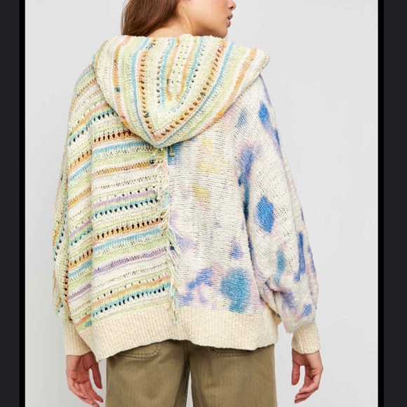 Free People Flower Child Multi Color Peace Sign Hoodie Oversized Sweater Large - Picture 9 of 11